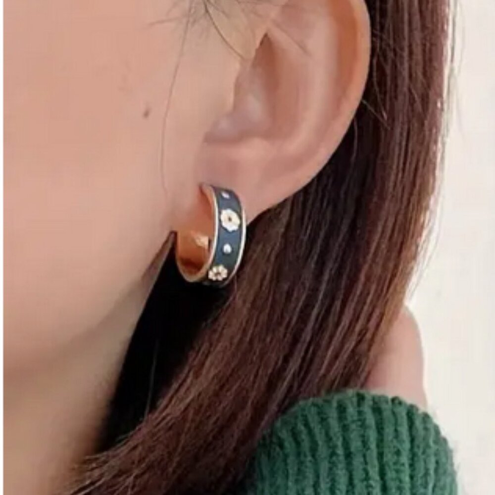 Vintage Inspired Small Hoop Flower Enamel Gold Earrings